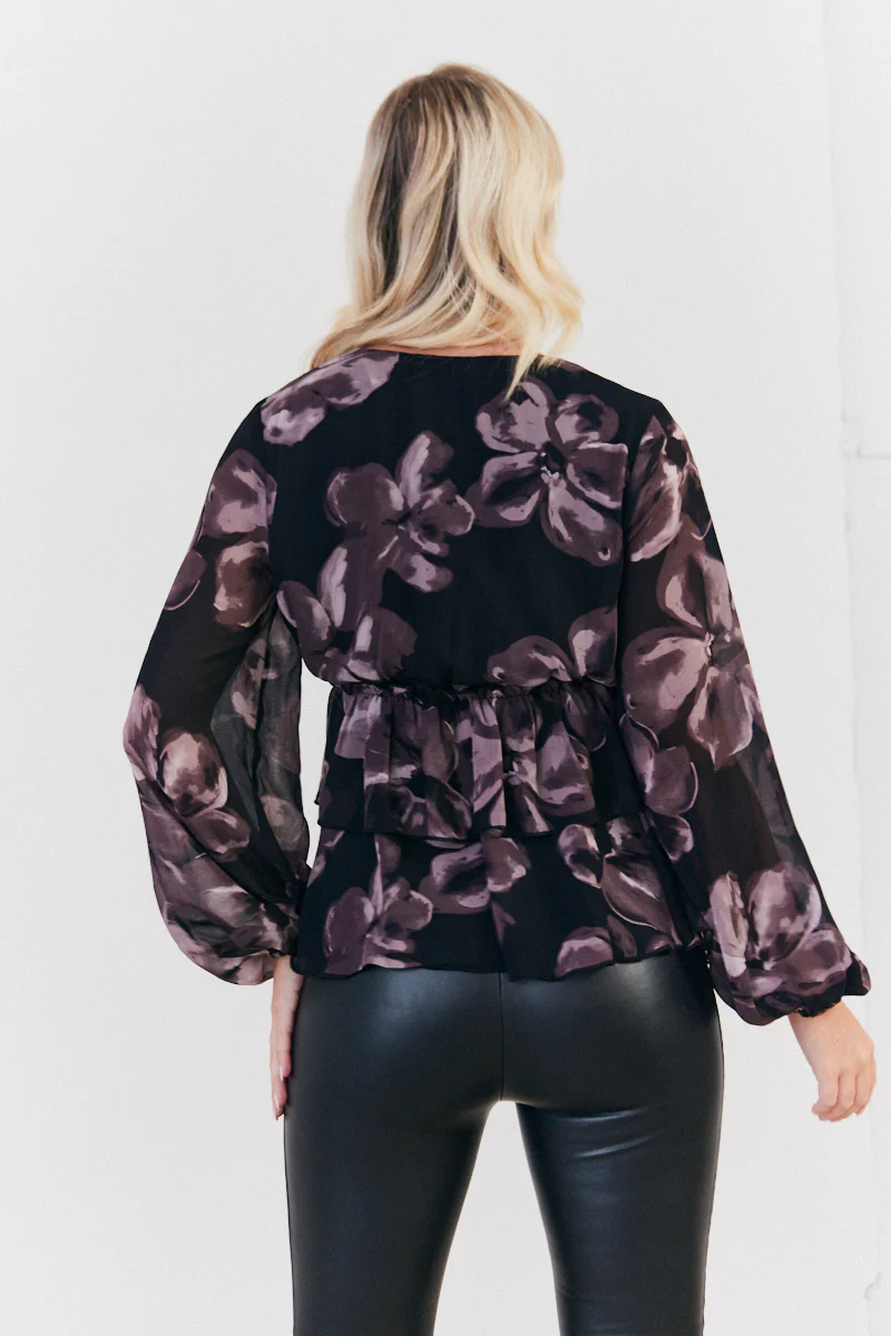 Floral V Neck Frill Detail Blouse - Image 3