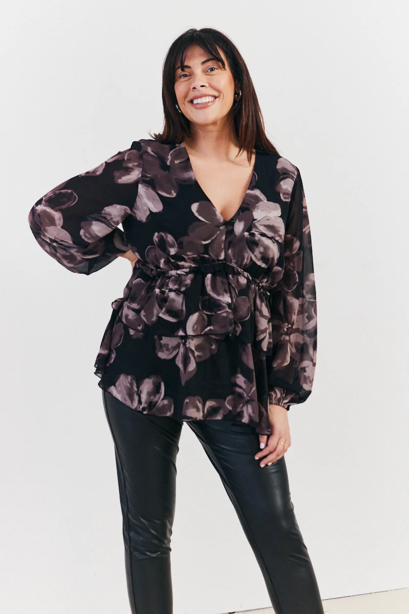 Floral V Neck Frill Detail Blouse - Image 5
