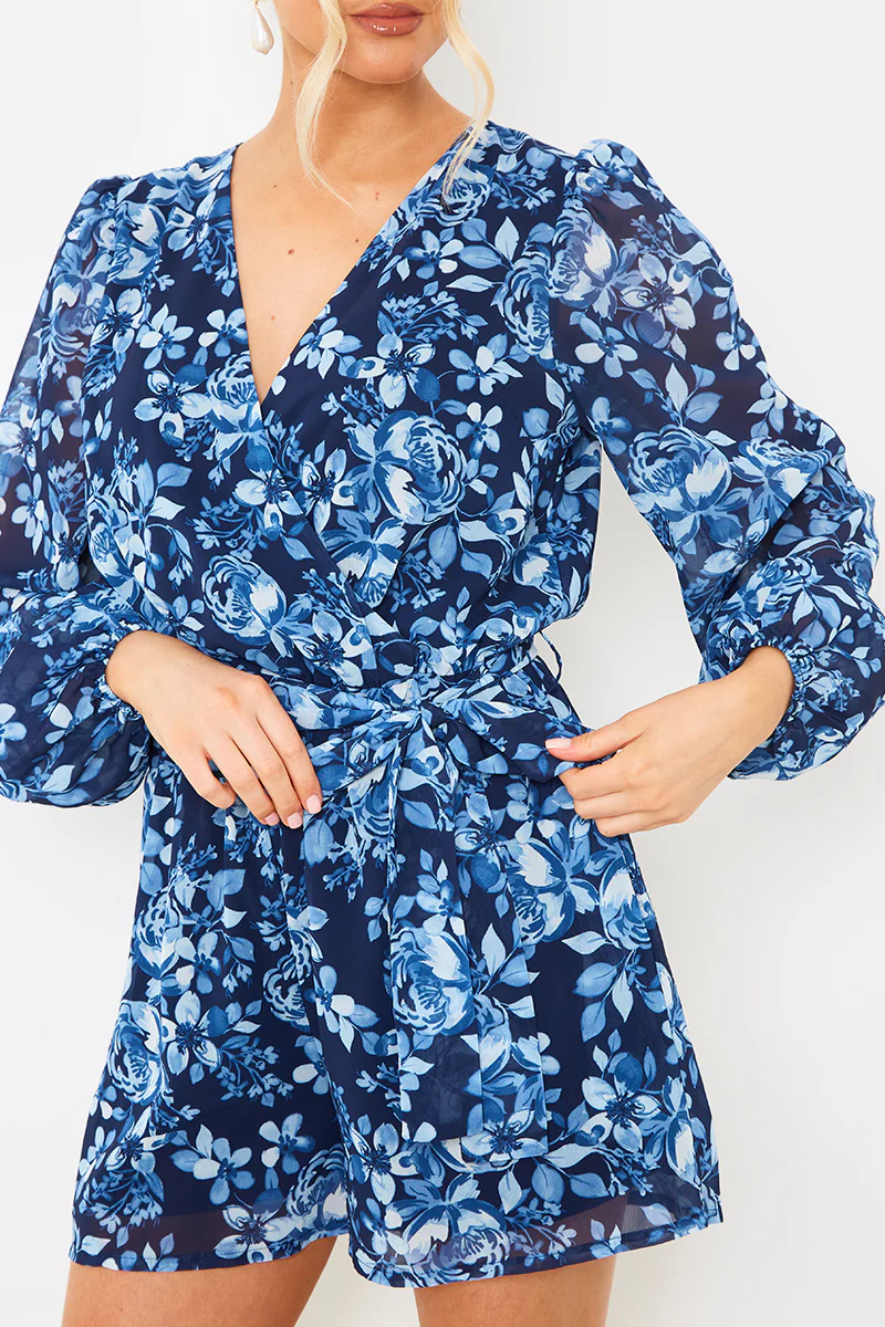 Floral Chiffon Wrap Belted Balloon Sleeve Playsuit - Image 3