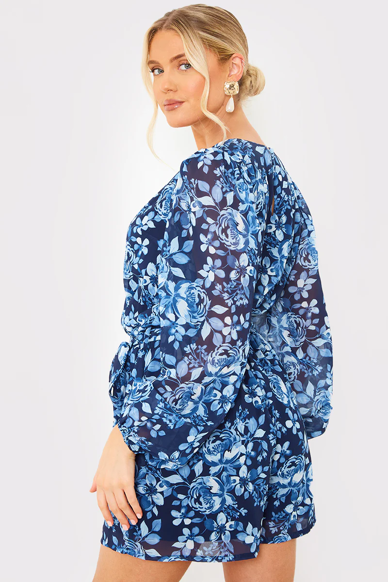 Floral Chiffon Wrap Belted Balloon Sleeve Playsuit - Image 4