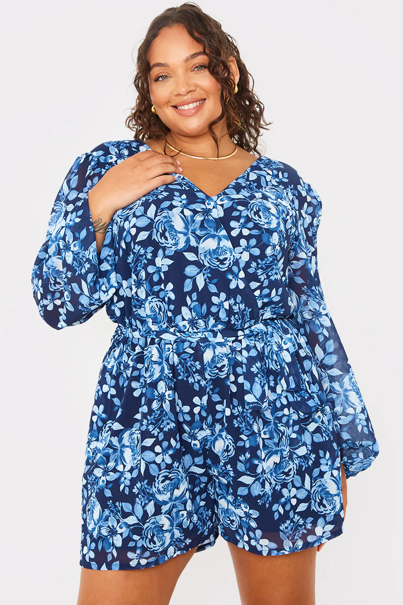 Floral Chiffon Wrap Belted Balloon Sleeve Playsuit - Image 5