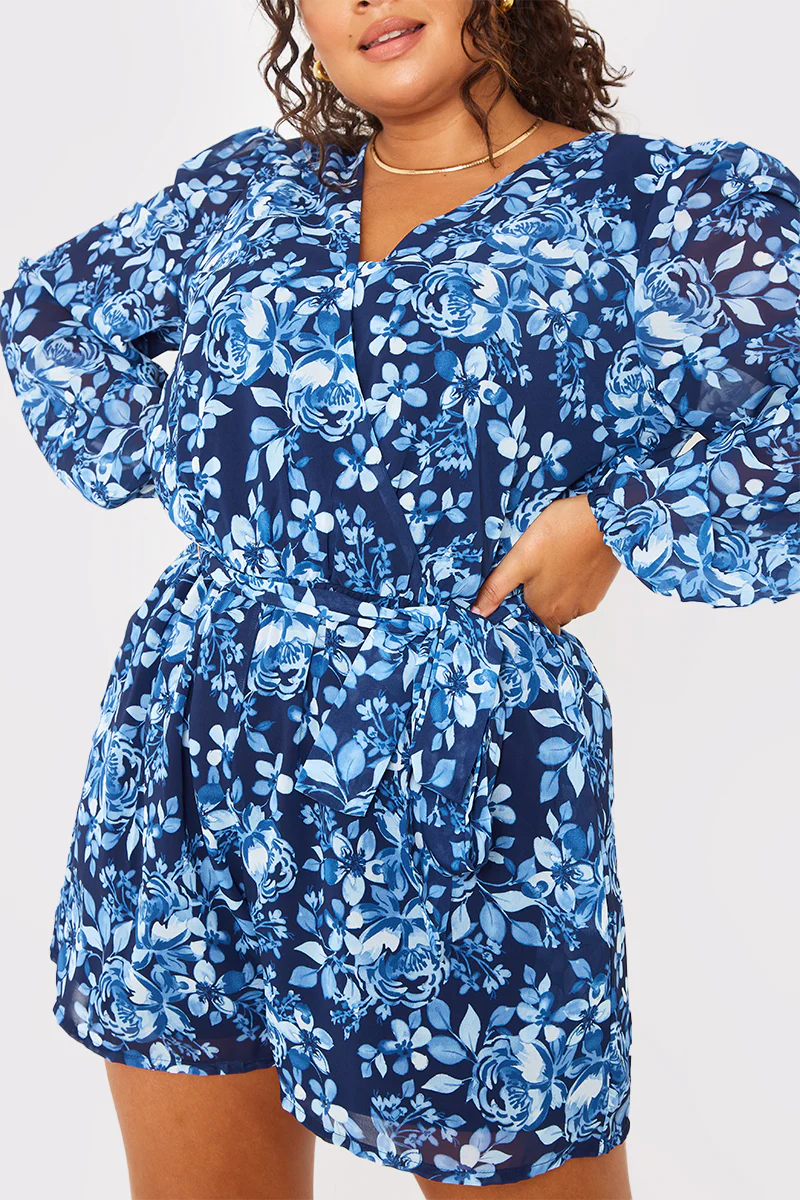Floral Chiffon Wrap Belted Balloon Sleeve Playsuit - Image 7
