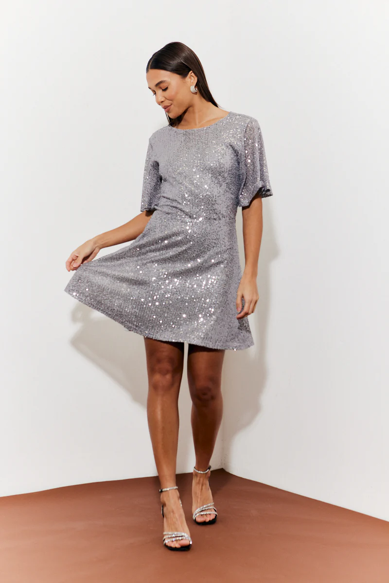 Flutter Sleeve Cowl Back Sequin Mini Dress - Image 3