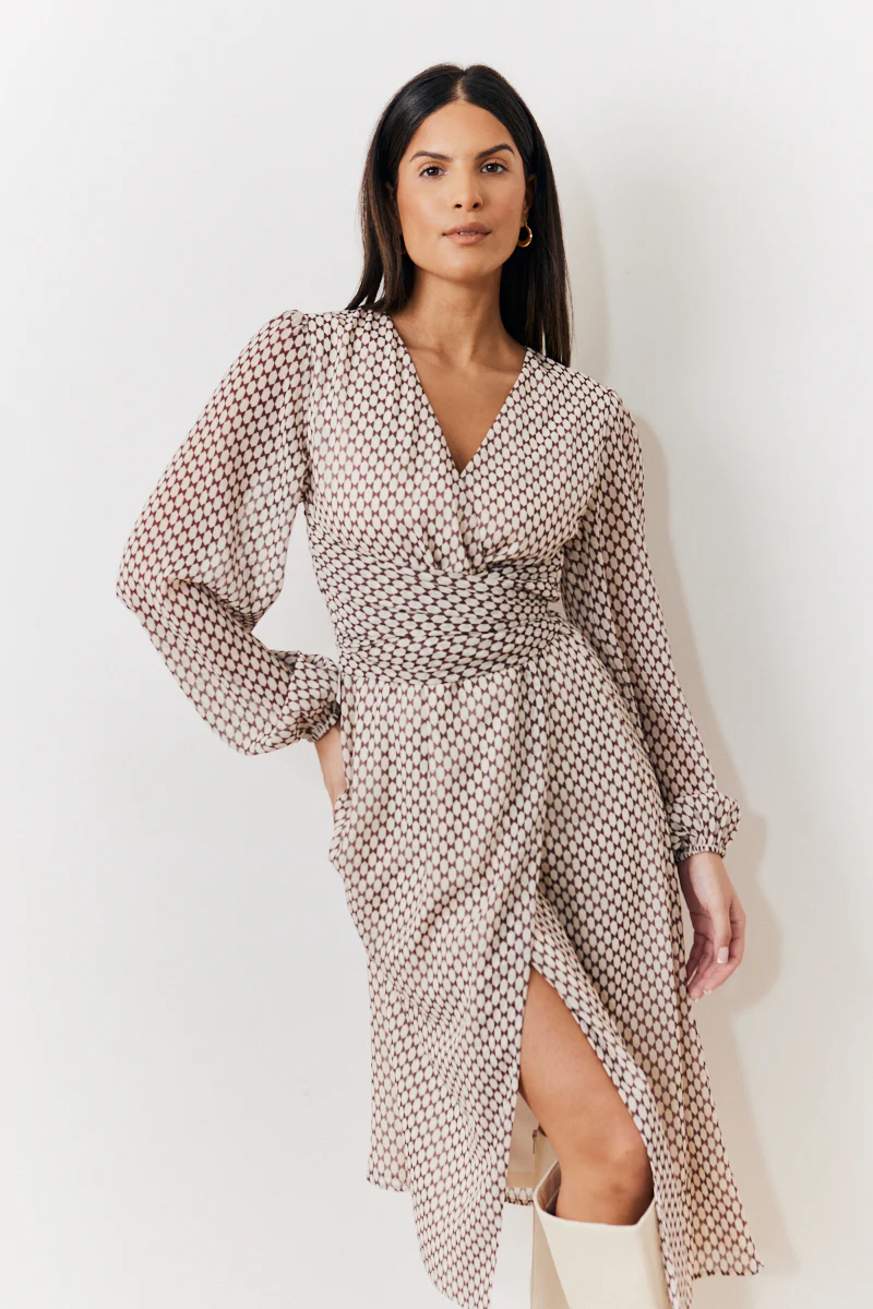 Cream Geometric Print Chiffon Balloon Sleeve Wrap Midi Dress - Image 2