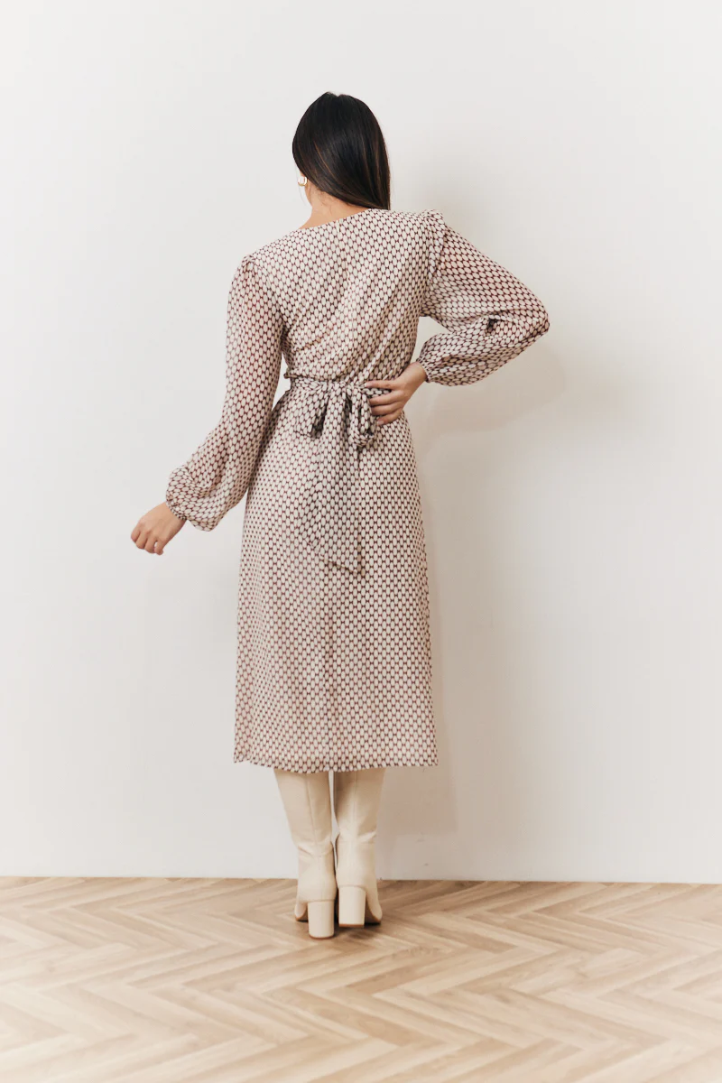 Cream Geometric Print Chiffon Balloon Sleeve Wrap Midi Dress - Image 3