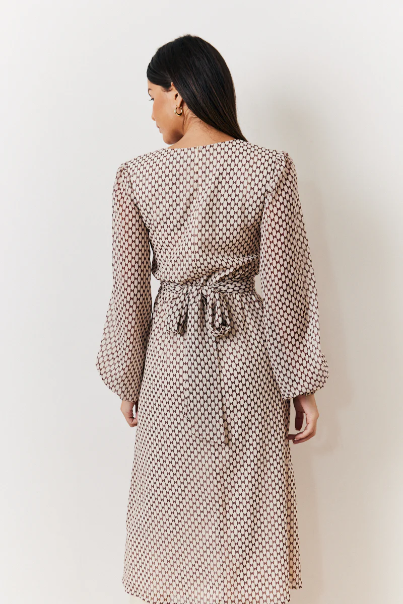 Cream Geometric Print Chiffon Balloon Sleeve Wrap Midi Dress - Image 4