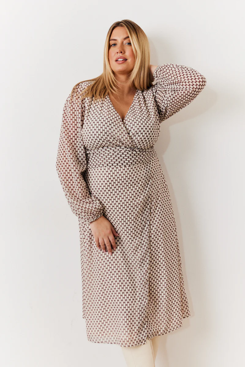 Cream Geometric Print Chiffon Balloon Sleeve Wrap Midi Dress - Image 6