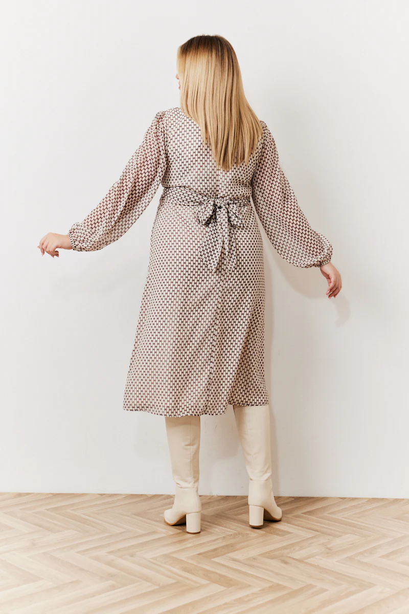 Cream Geometric Print Chiffon Balloon Sleeve Wrap Midi Dress - Image 7