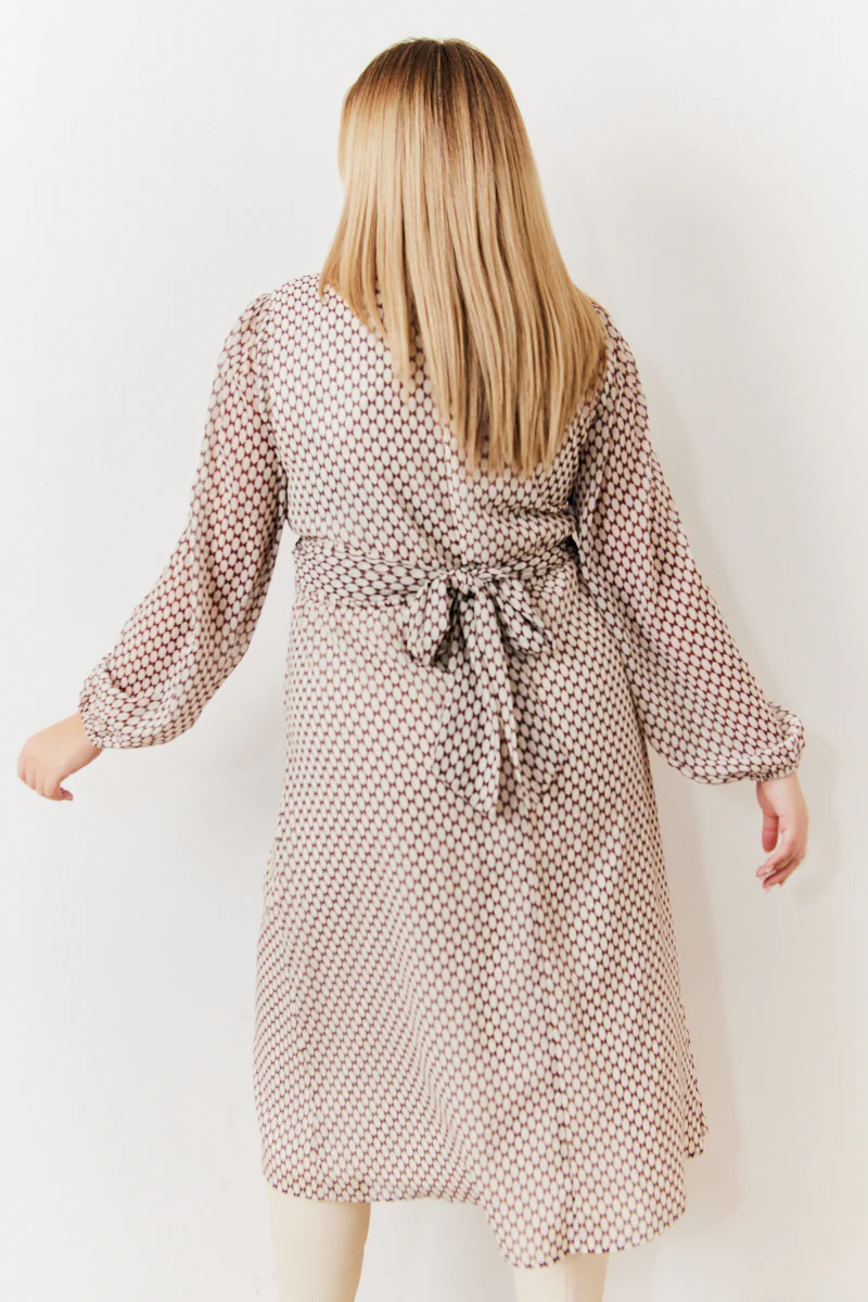 Cream Geometric Print Chiffon Balloon Sleeve Wrap Midi Dress - Image 8