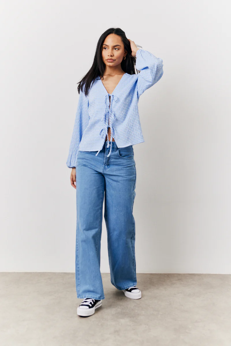 Blue Gingham Seersucker Tie Front Blouse - Image 2