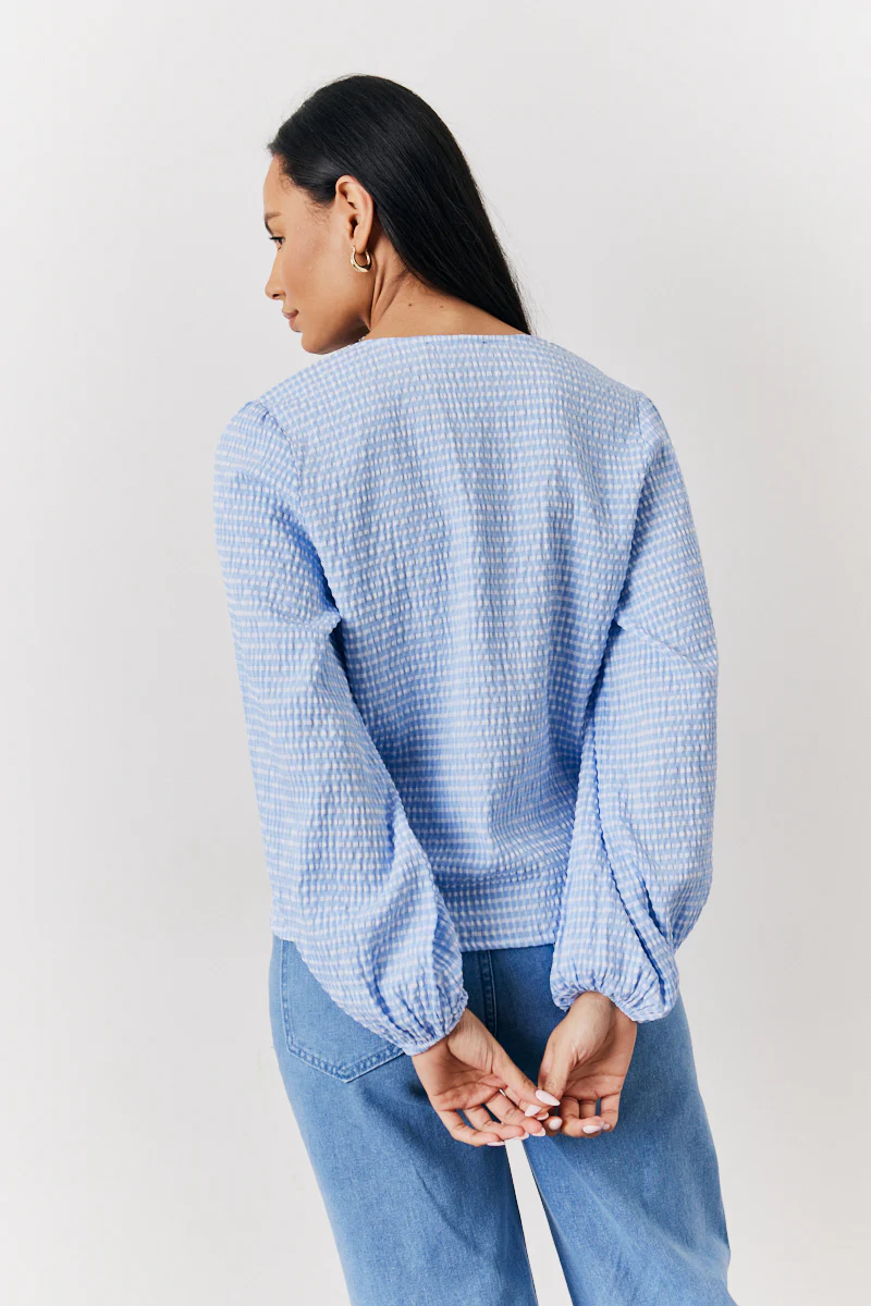 Blue Gingham Seersucker Tie Front Blouse - Image 3