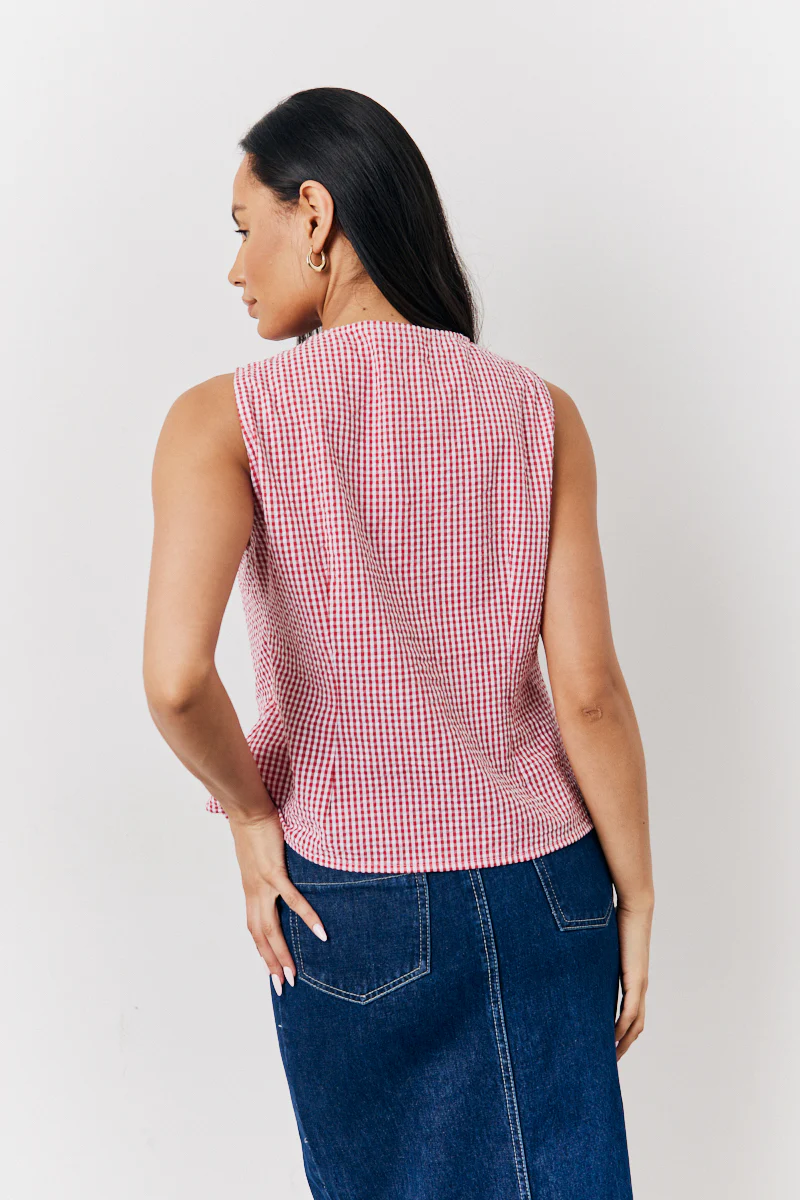 Red Seersucker Gingham Tie Front Top - Image 3