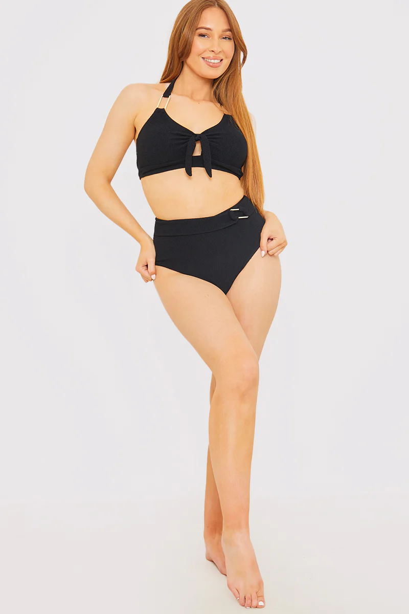 Control Textured Gold Bar Detail High Waisted Bikini Bottom - Image 3