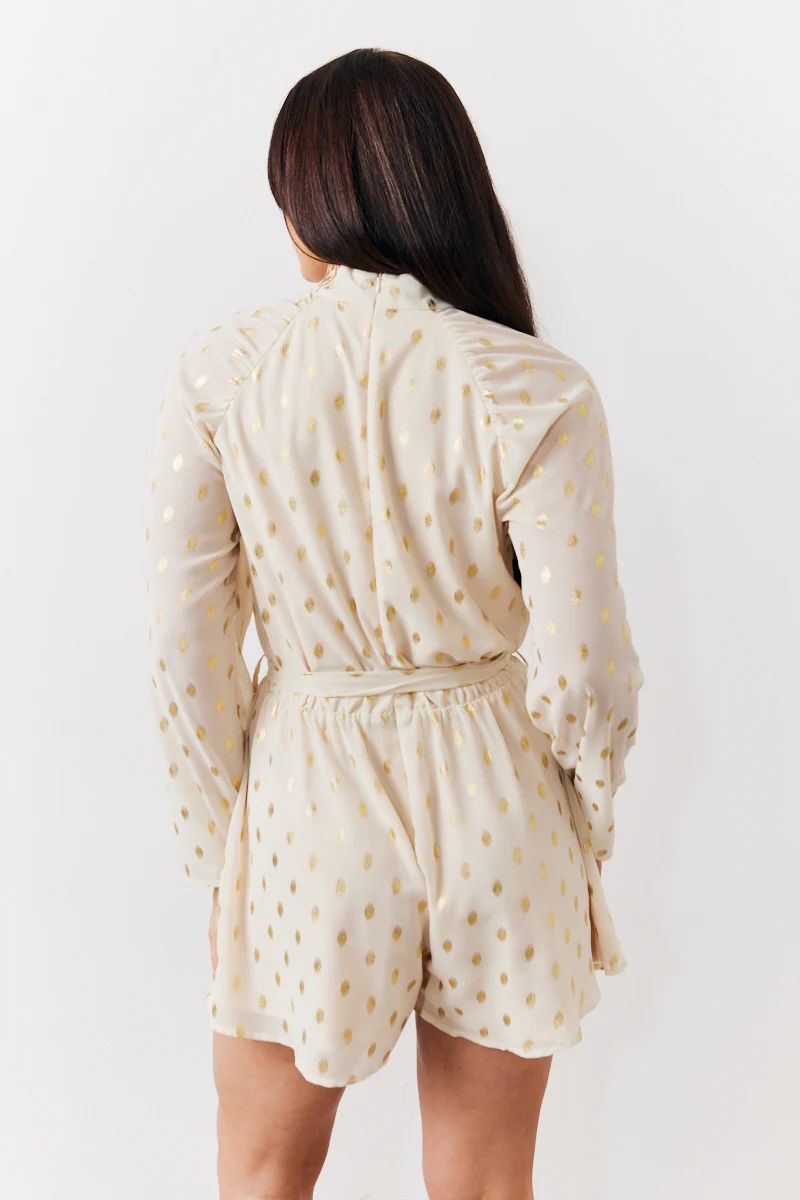Cream Gold Fleck Detail High Neck Belted Playsuit - Image 3