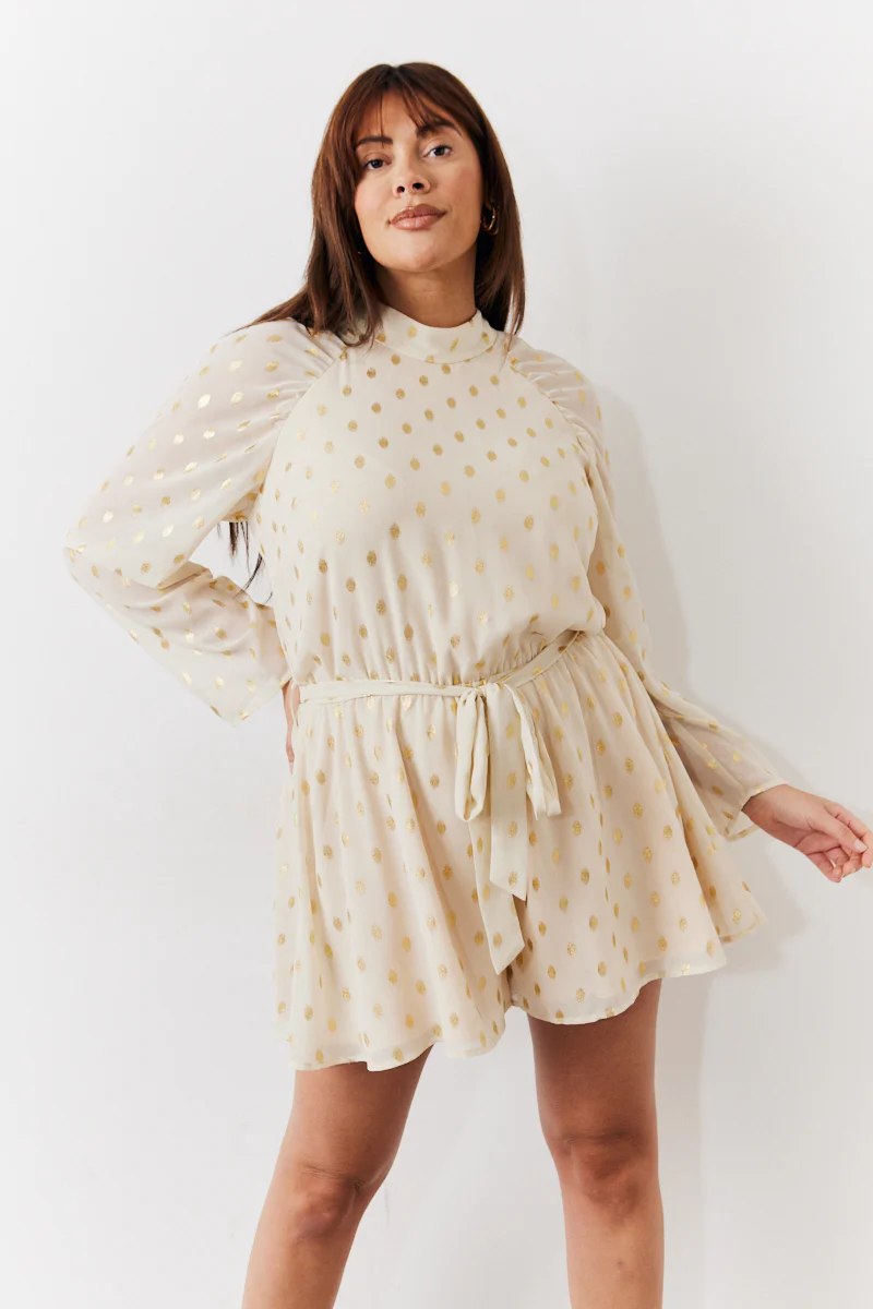 Cream Gold Fleck Detail High Neck Belted Playsuit - Image 5