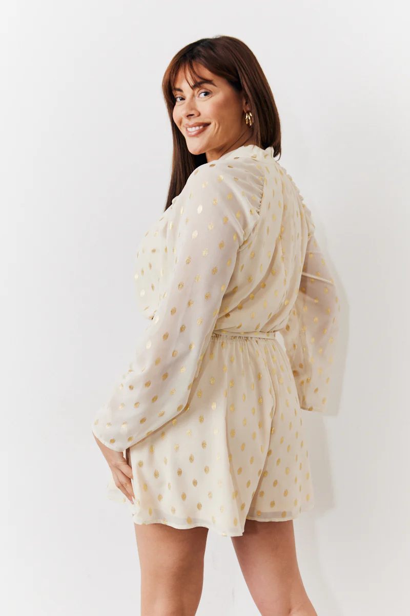 Cream Gold Fleck Detail High Neck Belted Playsuit - Image 7
