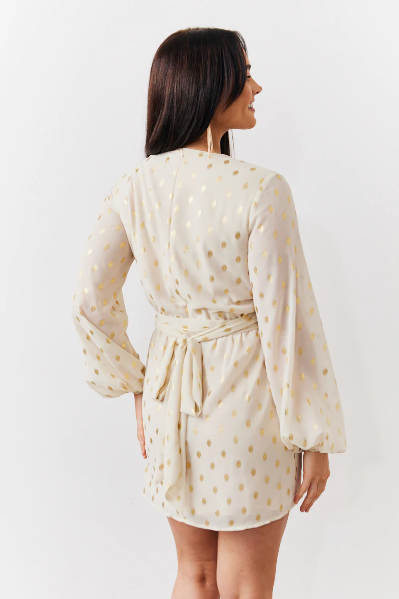 Cream Gold Fleck Detail Belted Mini Dress - Image 3