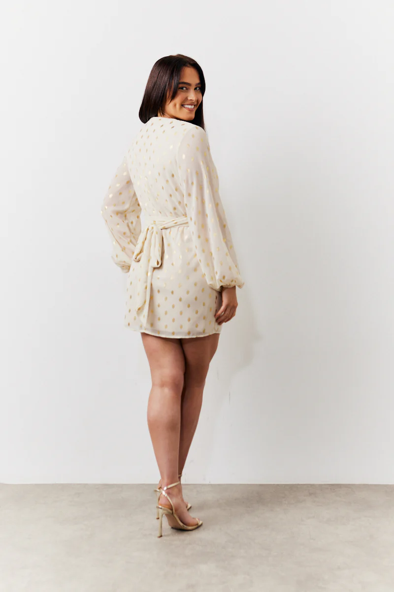 Cream Gold Fleck Detail Belted Mini Dress - Image 4
