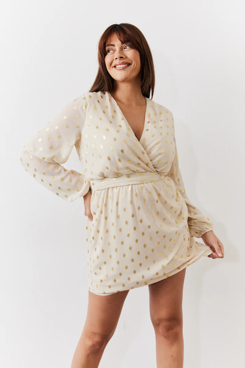 Cream Gold Fleck Detail Belted Mini Dress - Image 5