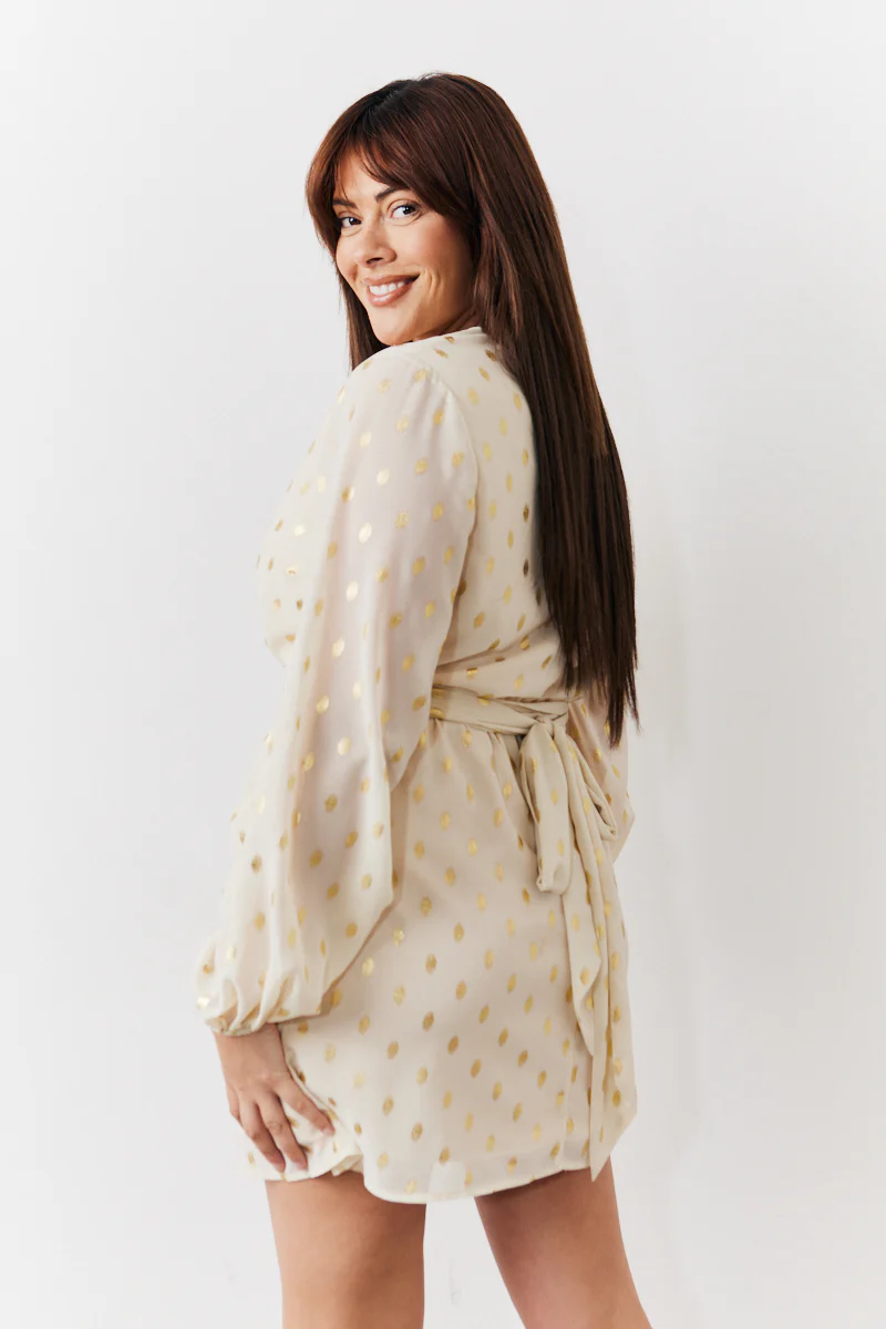 Cream Gold Fleck Detail Belted Mini Dress - Image 7