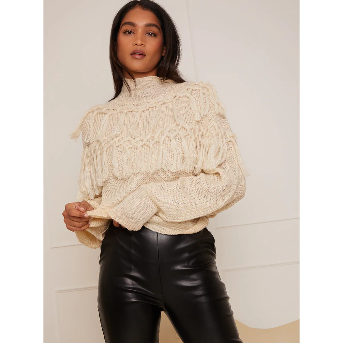 High Neck Tassel Detail Jumper in Cream - Image 2