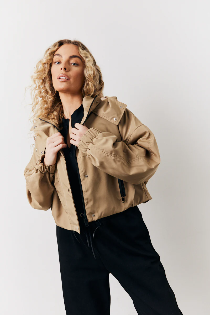 Stone Hooded Cropped Windbreaker Jacket