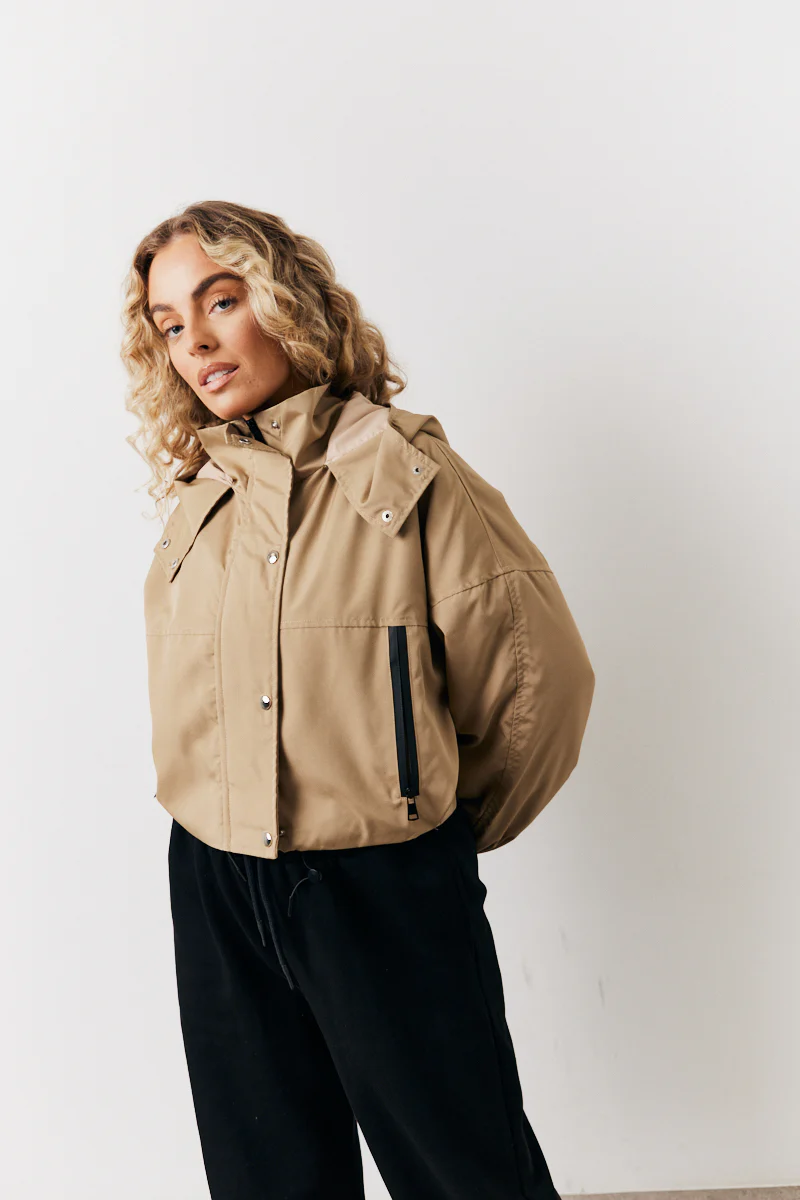 Stone Hooded Cropped Windbreaker Jacket - Image 3