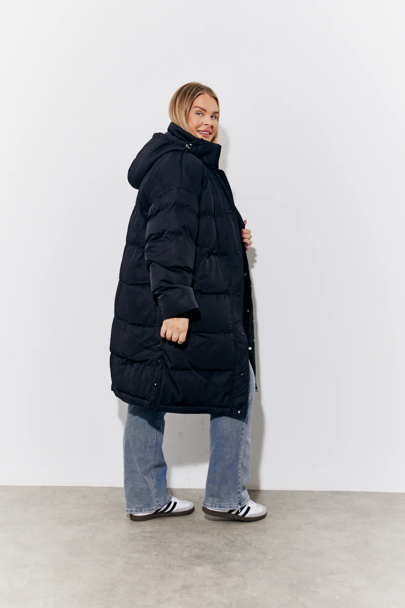 Black Hooded Longline Popper Puffer Coat - Image 10