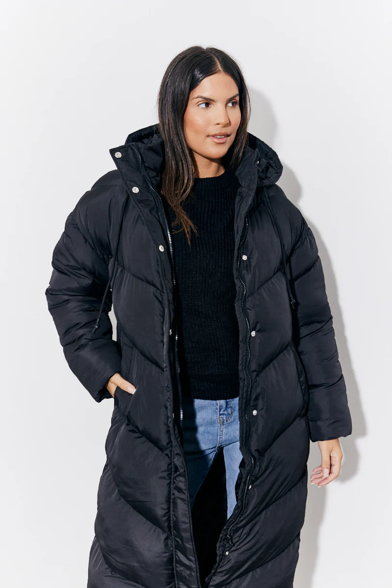 Black Hooded Longline Popper Puffer Coat - Image 3