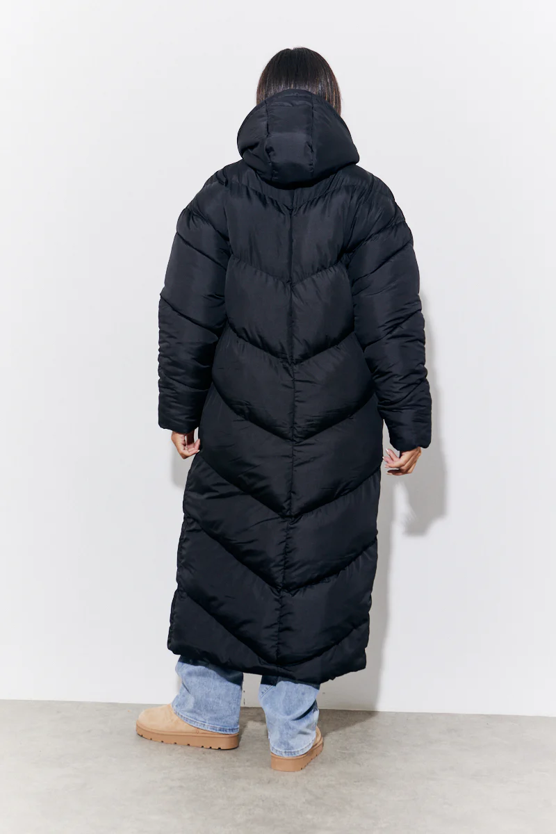 Black Hooded Longline Popper Puffer Coat - Image 4