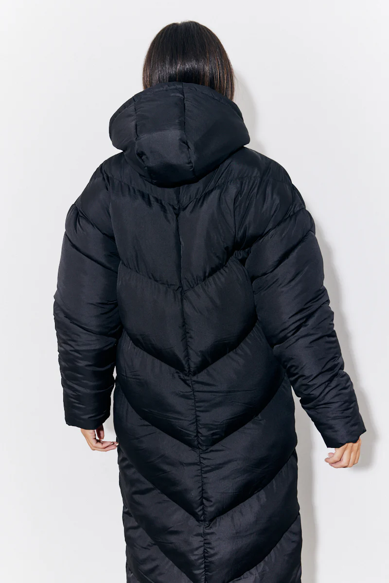 Black Hooded Longline Popper Puffer Coat - Image 5
