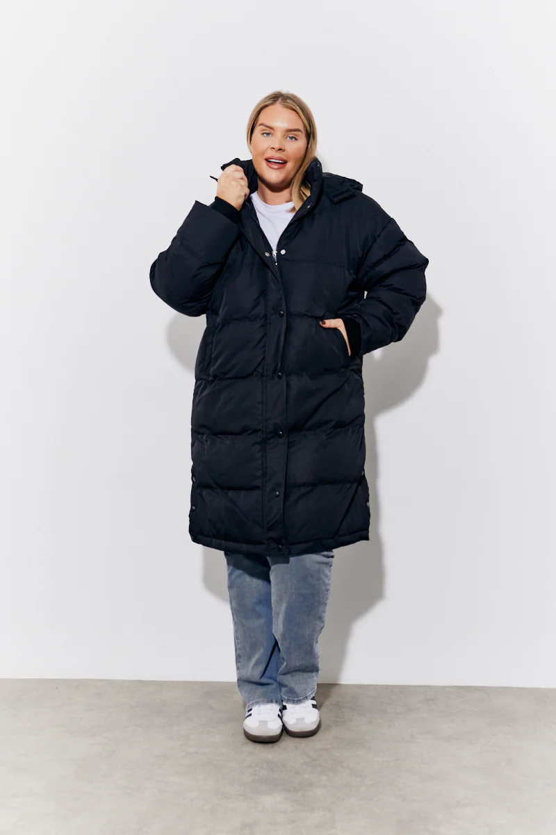 Black Hooded Longline Popper Puffer Coat - Image 6