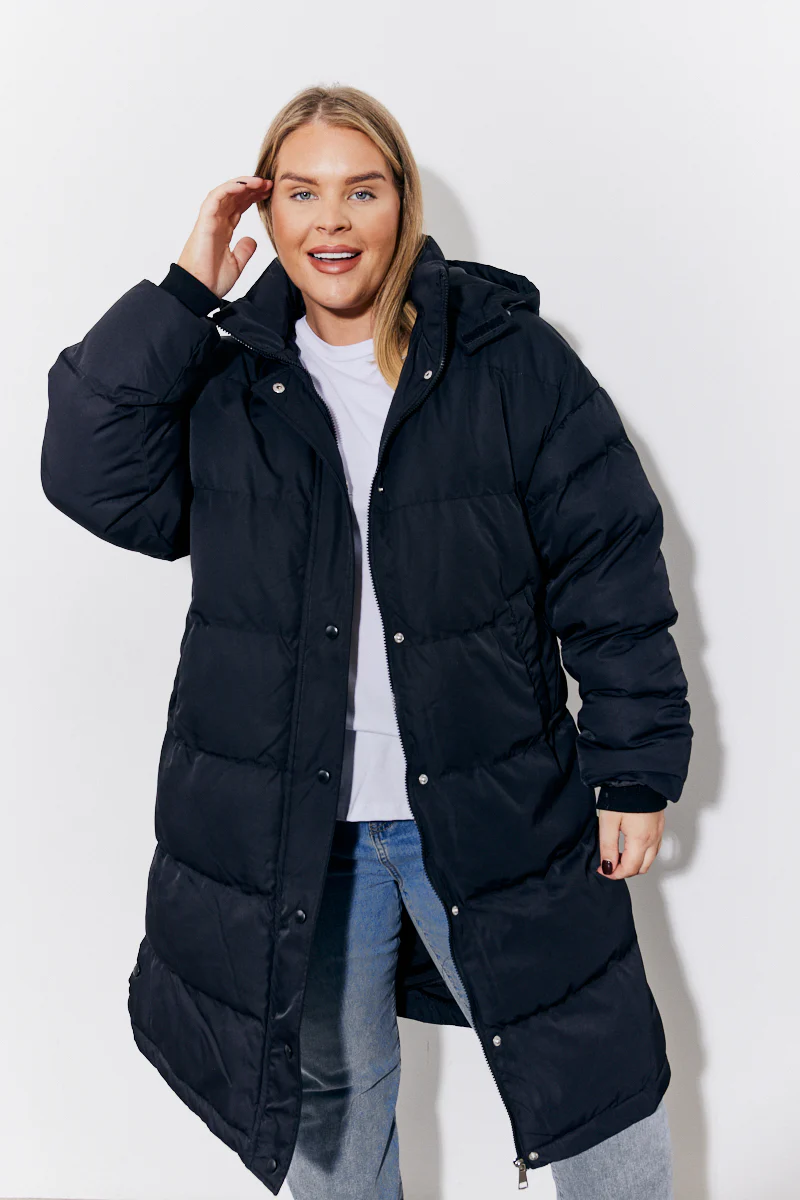 Black Hooded Longline Popper Puffer Coat - Image 7