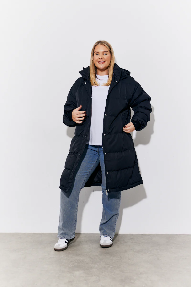 Black Hooded Longline Popper Puffer Coat - Image 8