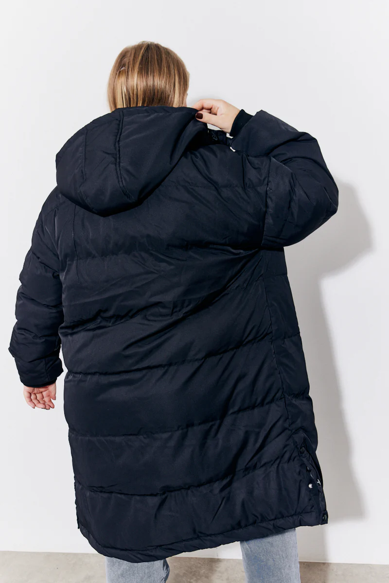 Black Hooded Longline Popper Puffer Coat - Image 9