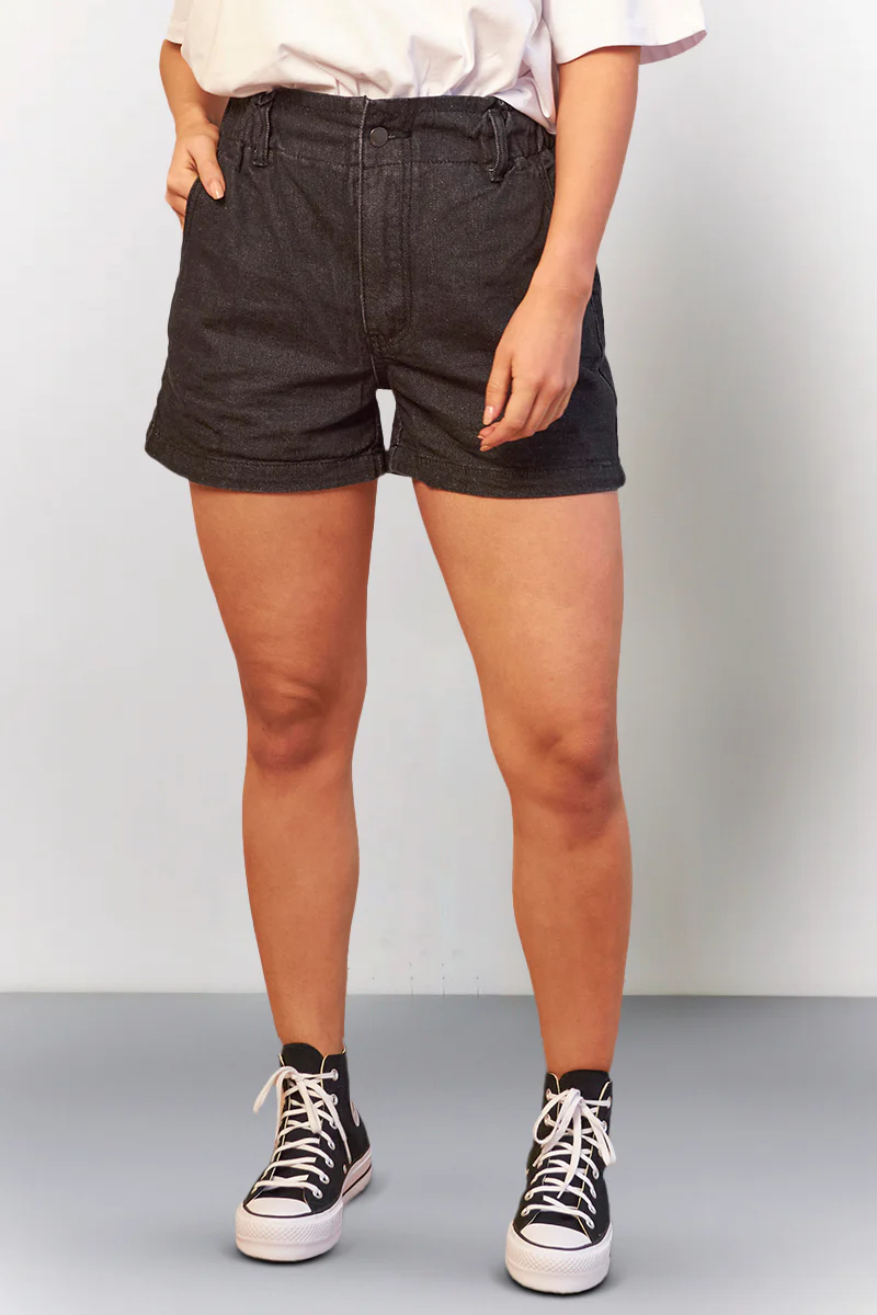 Black Denim Paper Bag Shorts - Image 2