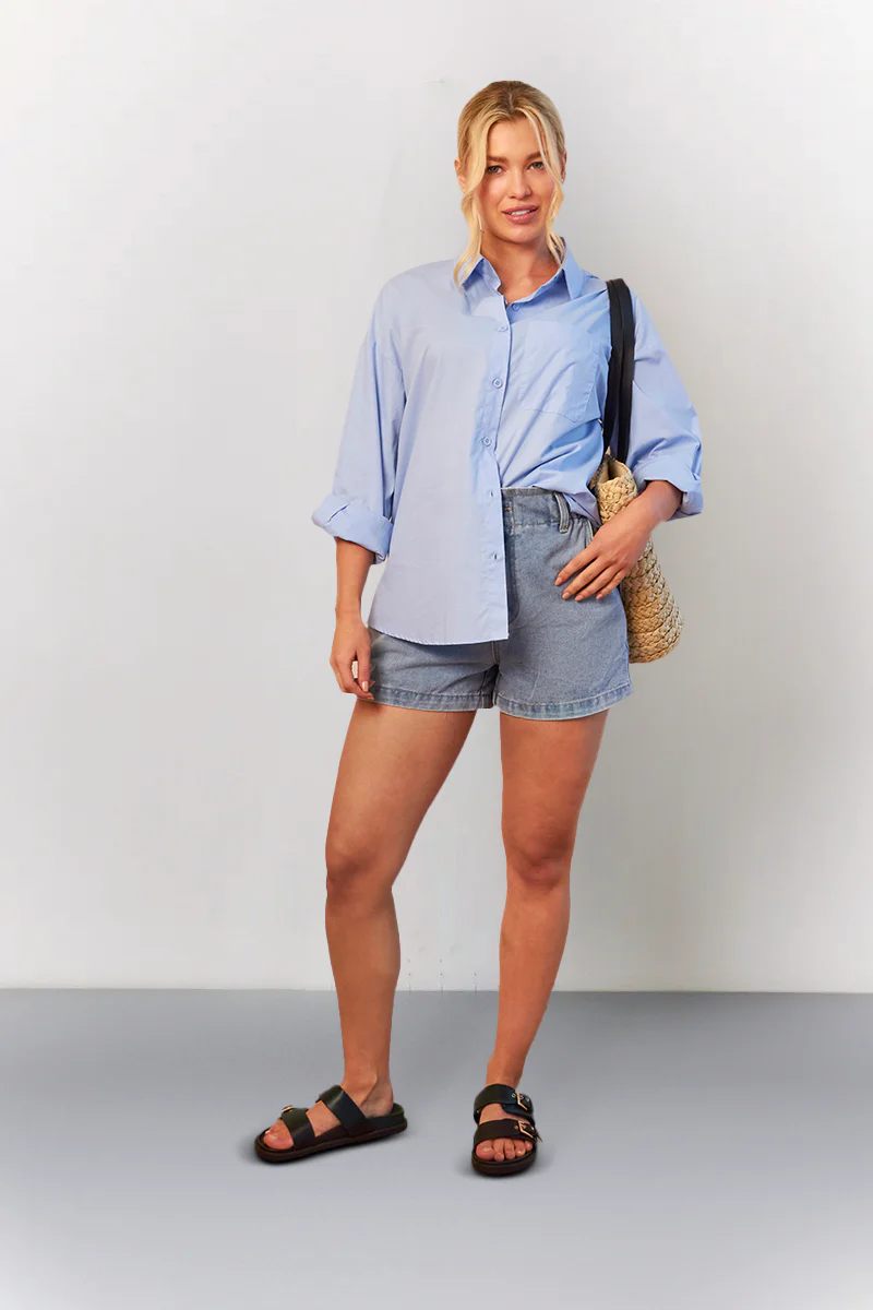 Light Blue Denim Paper Bag Shorts - Image 4