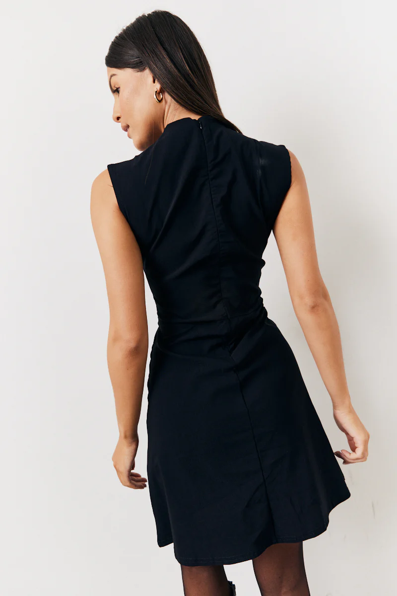 Black Structured Plunge Front Sleeveless Mini Dress - Image 3