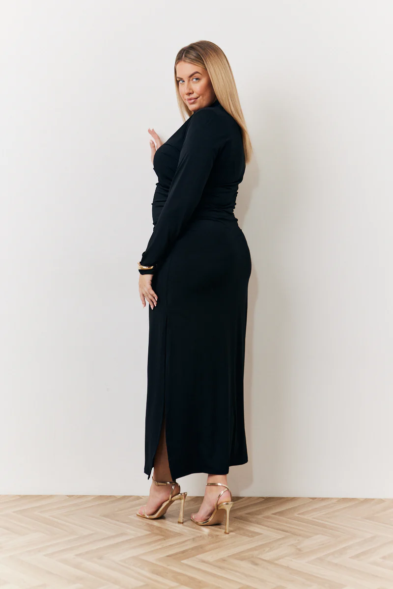 Draped High Neck Dress Black - Image 3