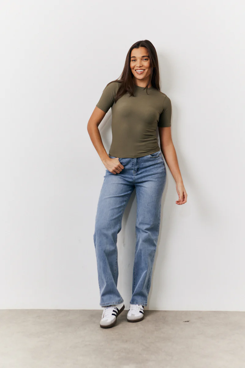 Khaki Ribbed Crew Neck Short Sleeve Top - Image 2
