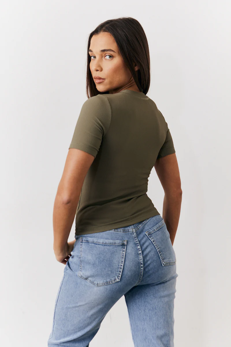 Khaki Ribbed Crew Neck Short Sleeve Top - Image 3