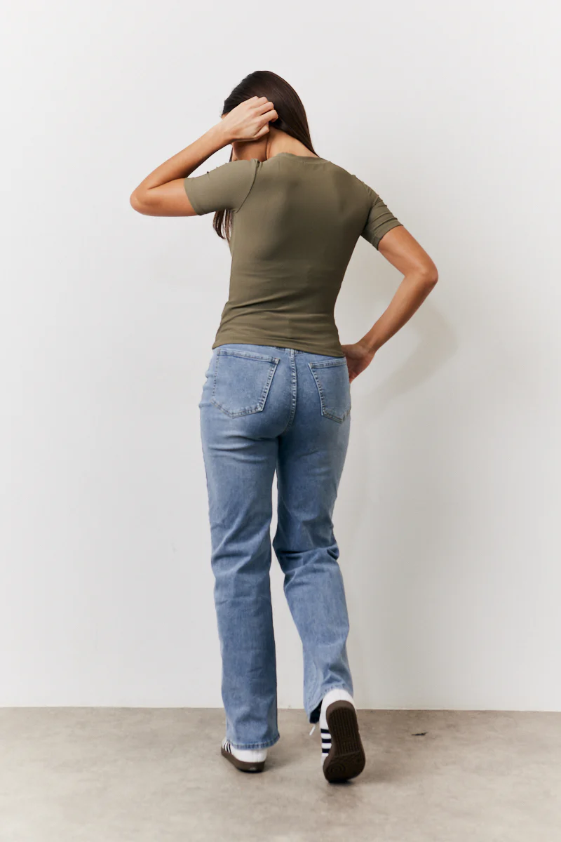 Khaki Ribbed Crew Neck Short Sleeve Top - Image 4