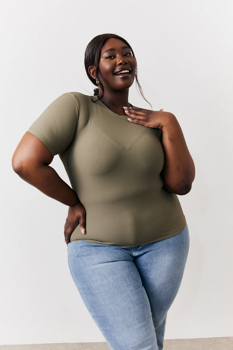 Khaki Ribbed Crew Neck Short Sleeve Top - Image 5