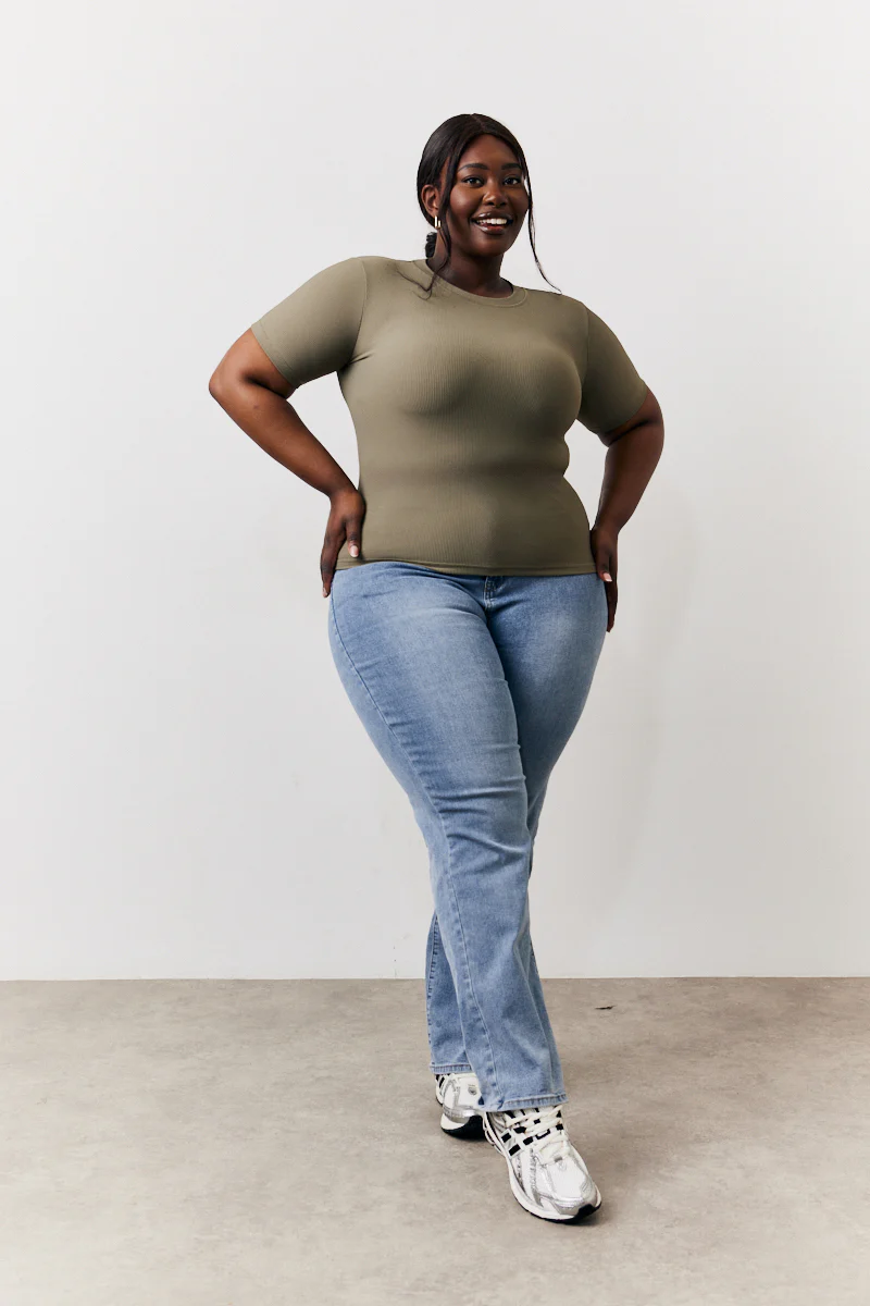 Khaki Ribbed Crew Neck Short Sleeve Top - Image 6