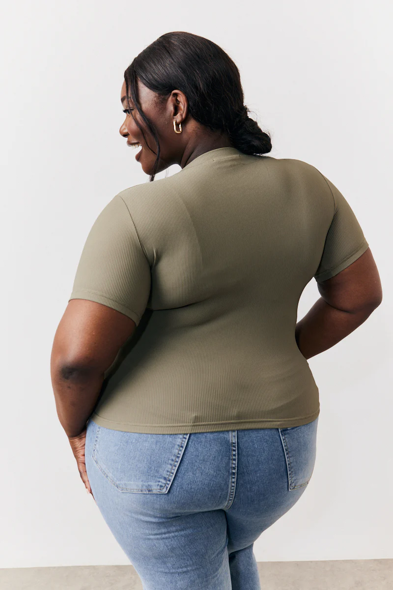 Khaki Ribbed Crew Neck Short Sleeve Top - Image 7