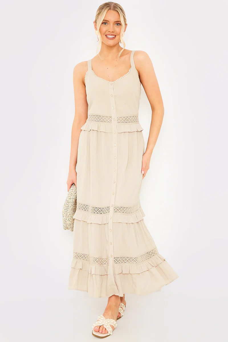 Lace Insert Frill Detail Midaxi Dress