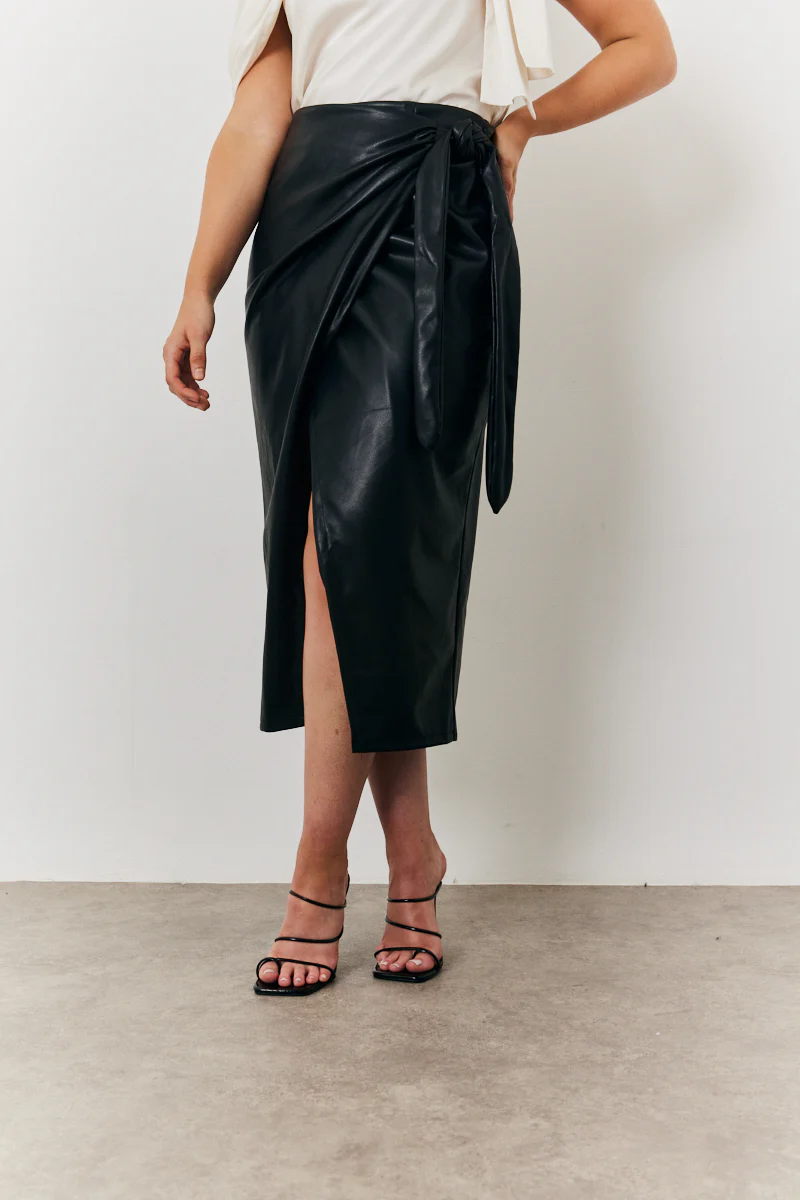 Faux Leather Wrap Skirt - Image 3