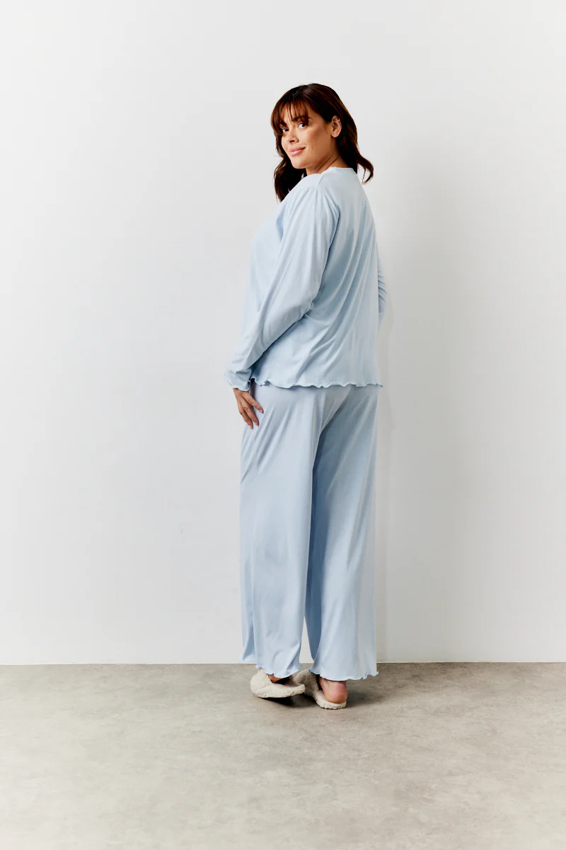 Blue Lettuce Hem Slogan Long Sleeve Top and Trouser PJ Set - Image 10