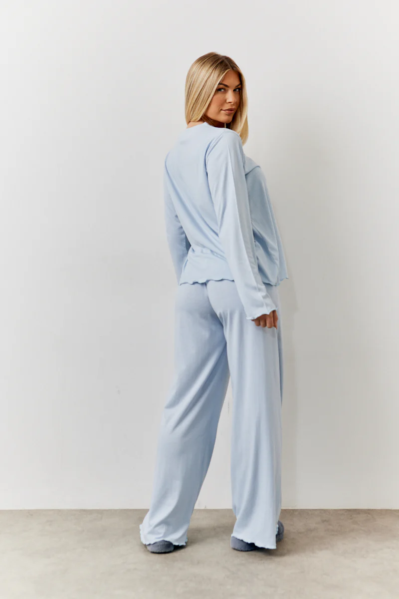 Blue Lettuce Hem Slogan Long Sleeve Top and Trouser PJ Set - Image 6