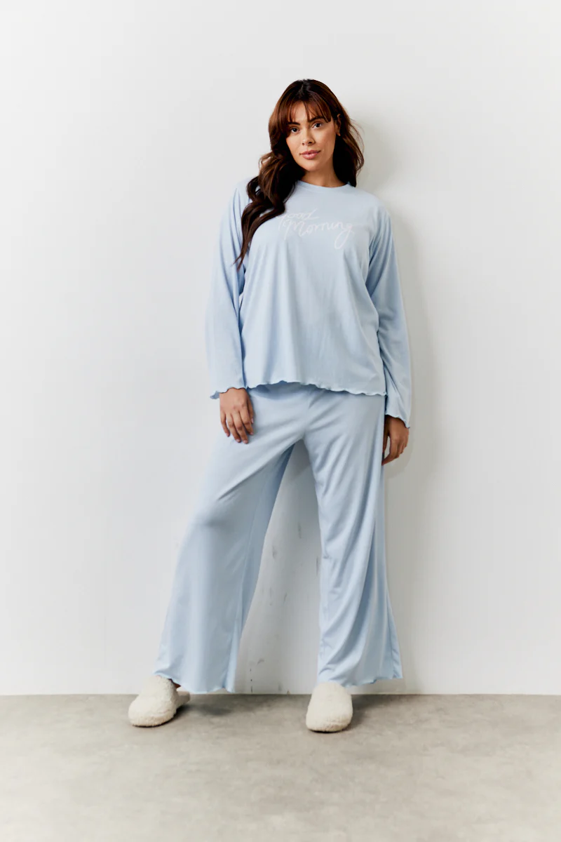 Blue Lettuce Hem Slogan Long Sleeve Top and Trouser PJ Set - Image 7